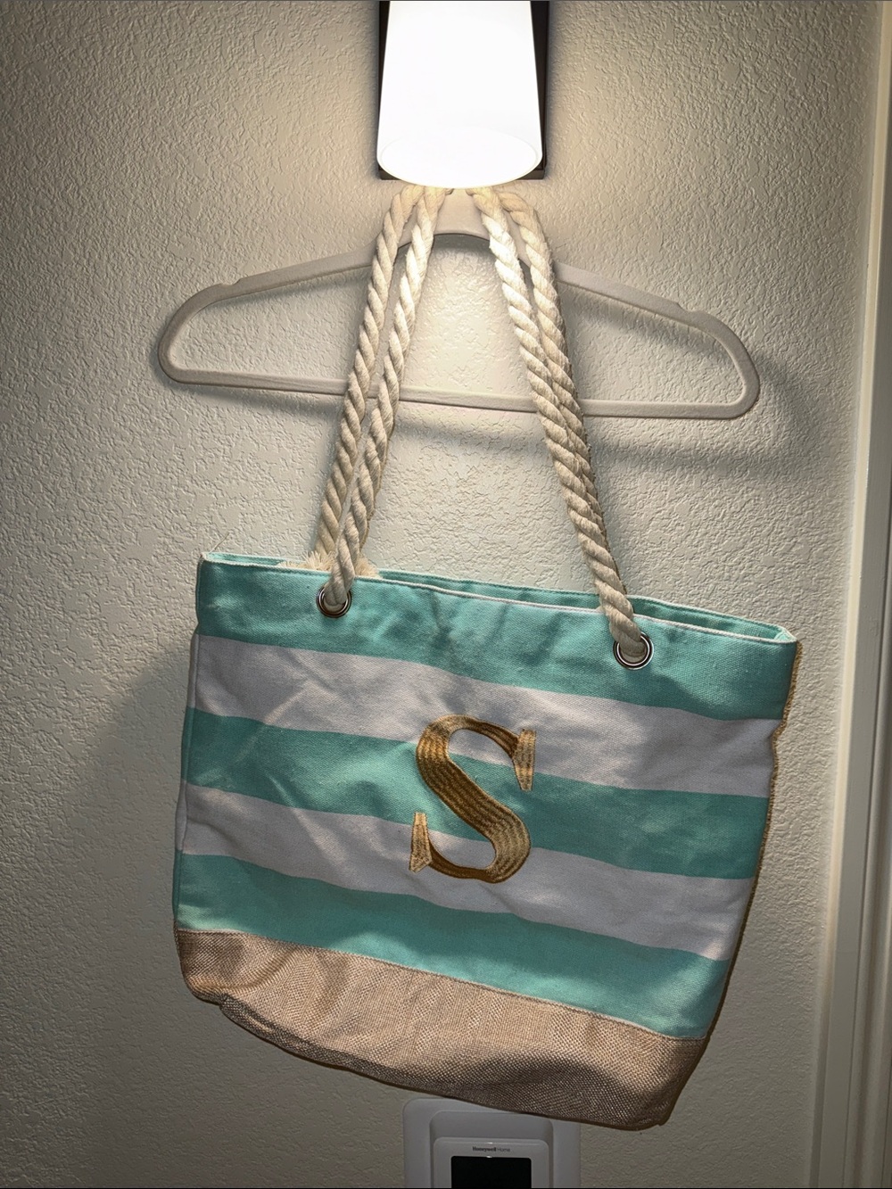 Striped Mint & White Canvas Tote with Gold 'S' Monogram